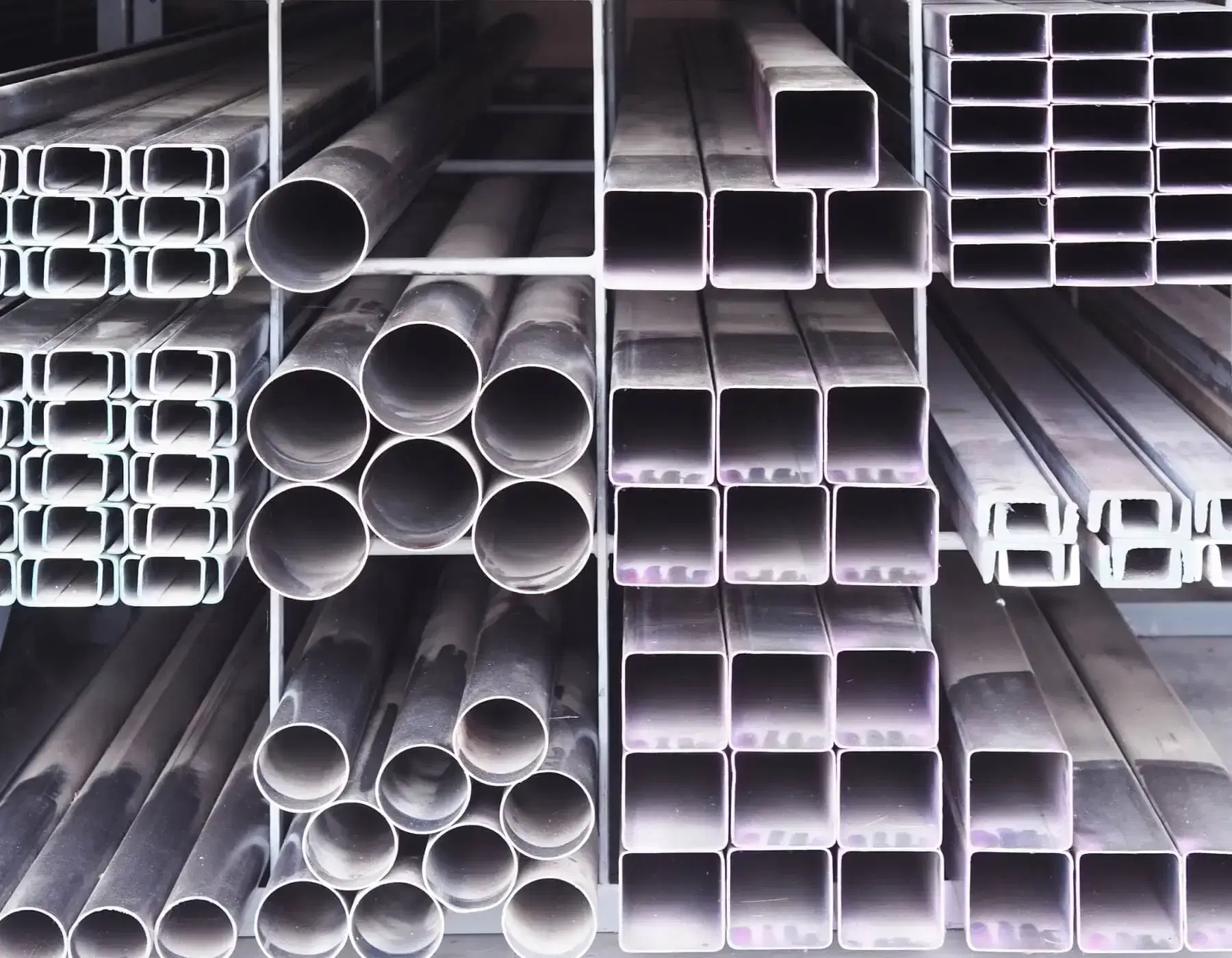 Steel beams, tubes and metal products in warehouse